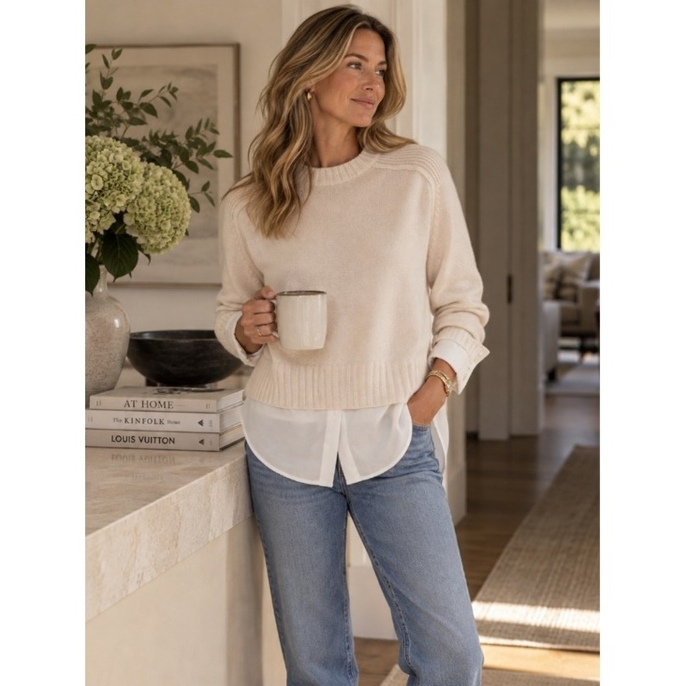 Brochu Walker Parson Wool Cashmere Layered Sweater Ivory Long Sleeve Small